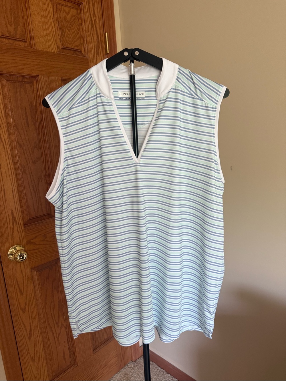 Pebble Beach Sleeveless V-Neck Tank - Light Blue & White Stripe